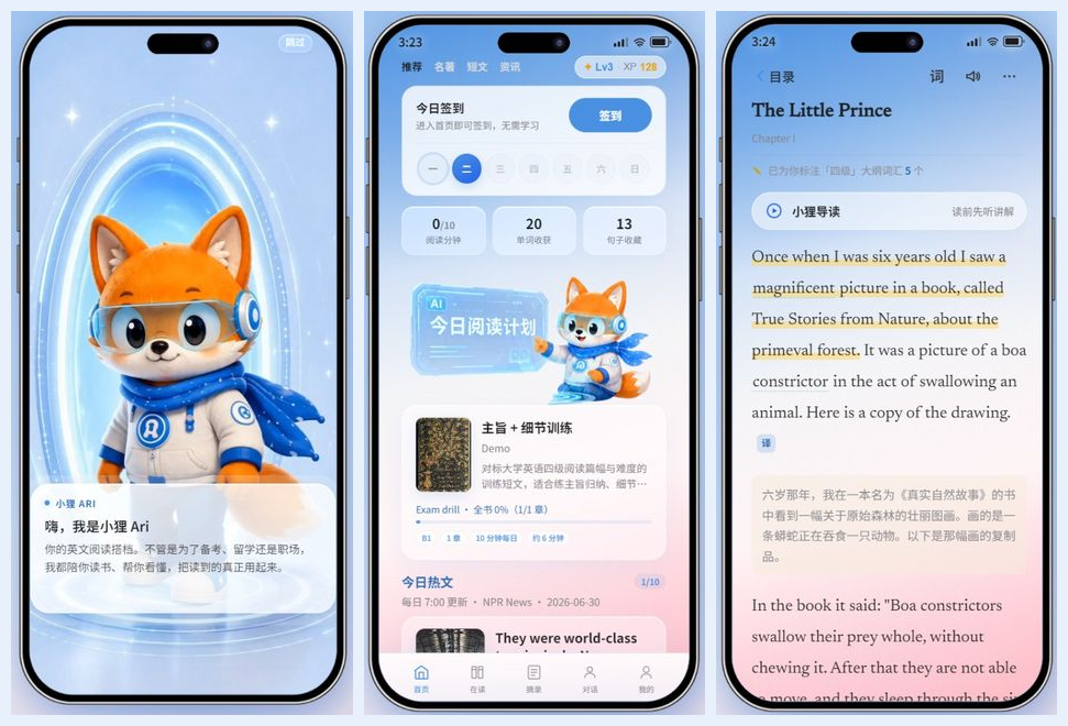 Ari Reading · 开屏 / 首页 / 阅读页 预览